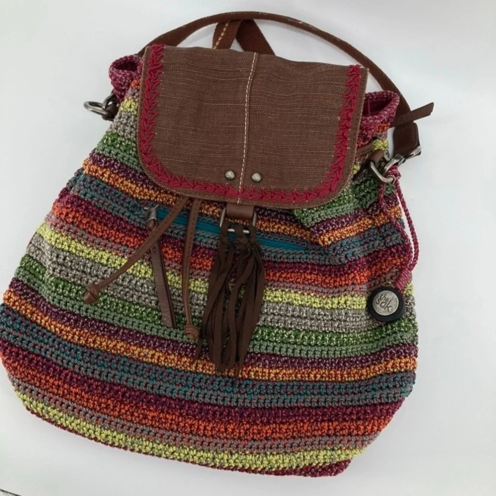 The Sak Avalon Crochet Backpack Convertible Shoulder Bag Striped Boho Drawstring